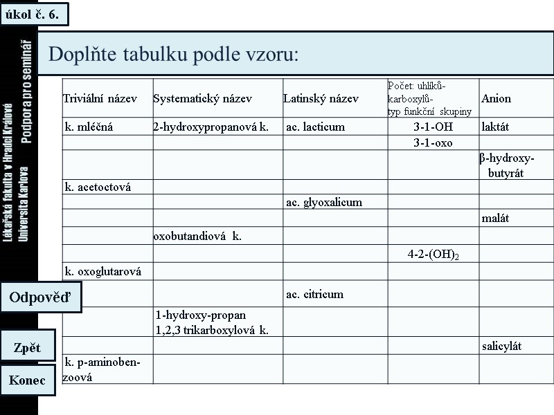 úkol č. 6. Konec Zpět Doplňte tabulku podle vzoru: Odpověď úkol č. 6. Konec Zpět Doplňte tabulku podle vzoru: Odpověď